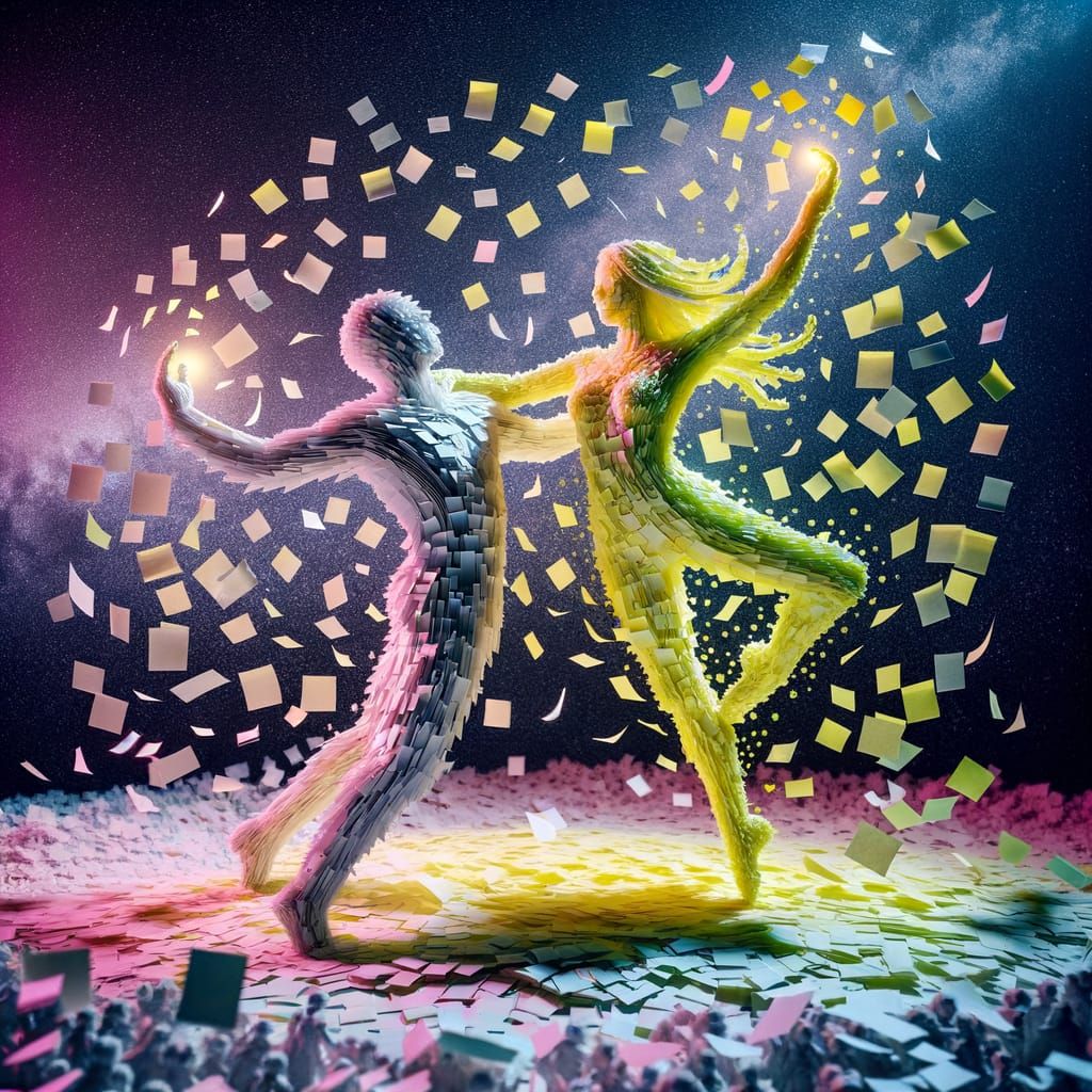 Post-it Note Dancers in Pastel Neon Cosmic Scene