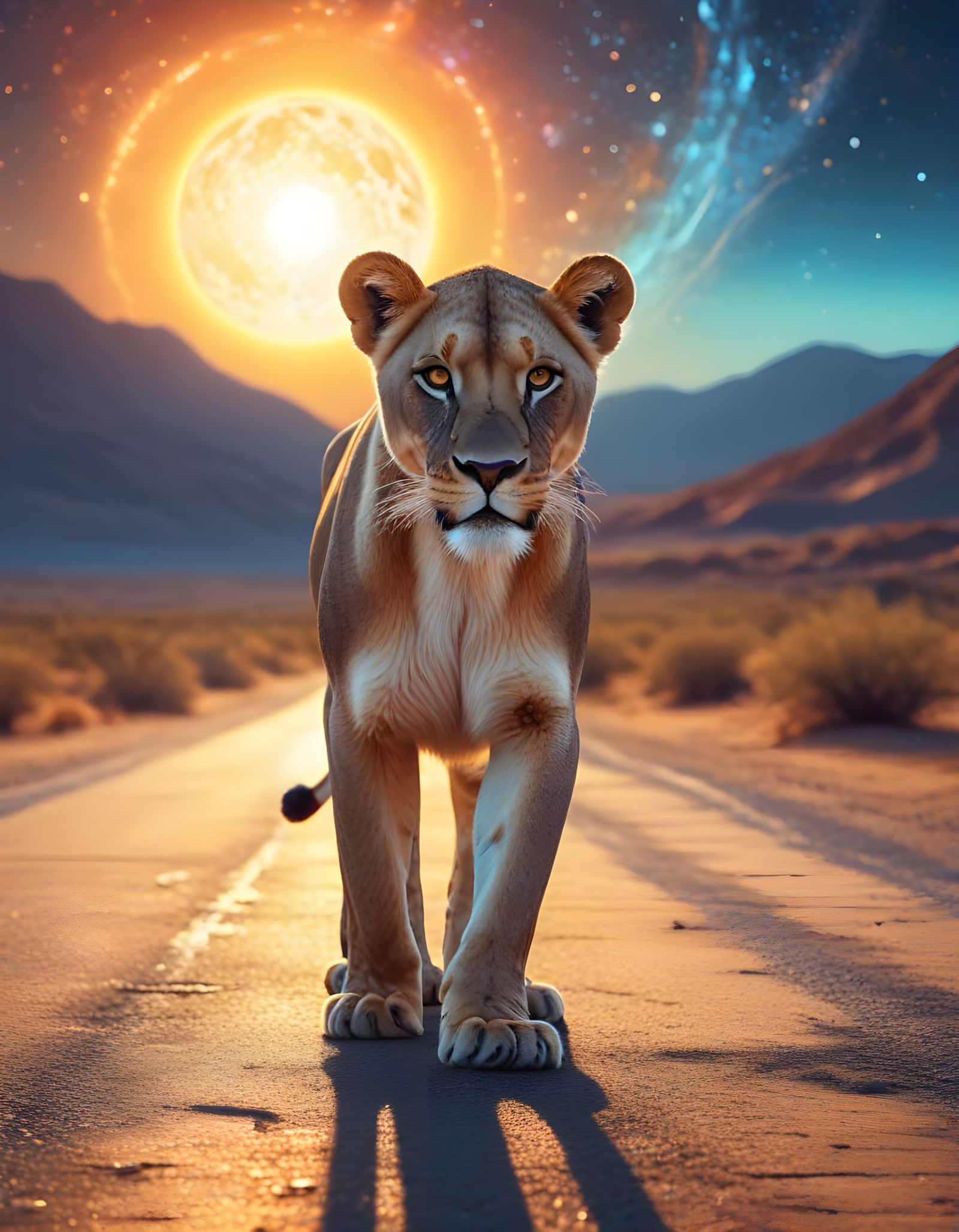 Lioness in Desert Sunrise: Abstract Art Illustration