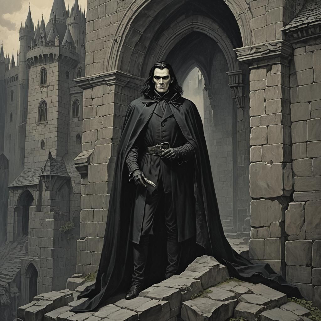 Count Dracula Portrait in Woodcut Style