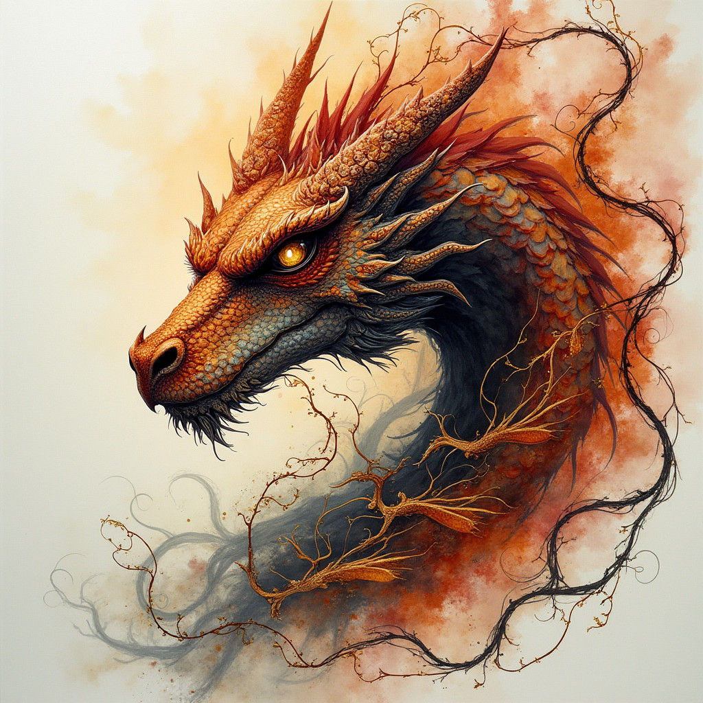 Dragon Face with Abstract Plants in Surreal Style