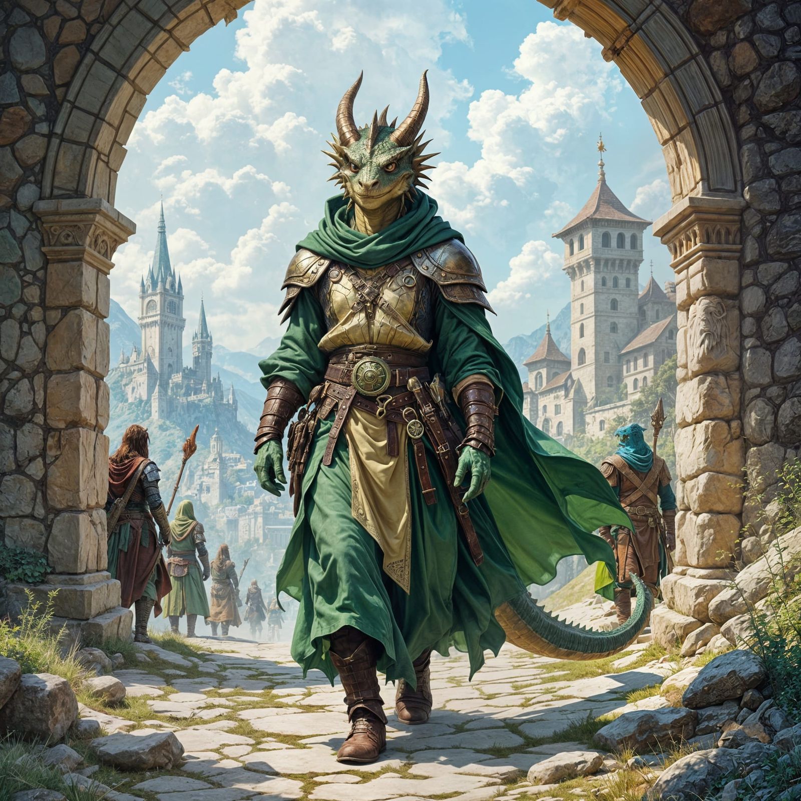 Green Dragonborn Scholar in 1970s Pulp Fantasy Style