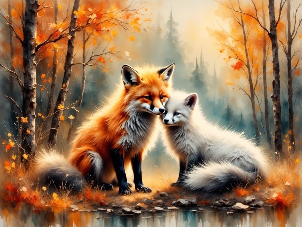 Vibrant Autumn Foxes Snuggle in Colorful Forest