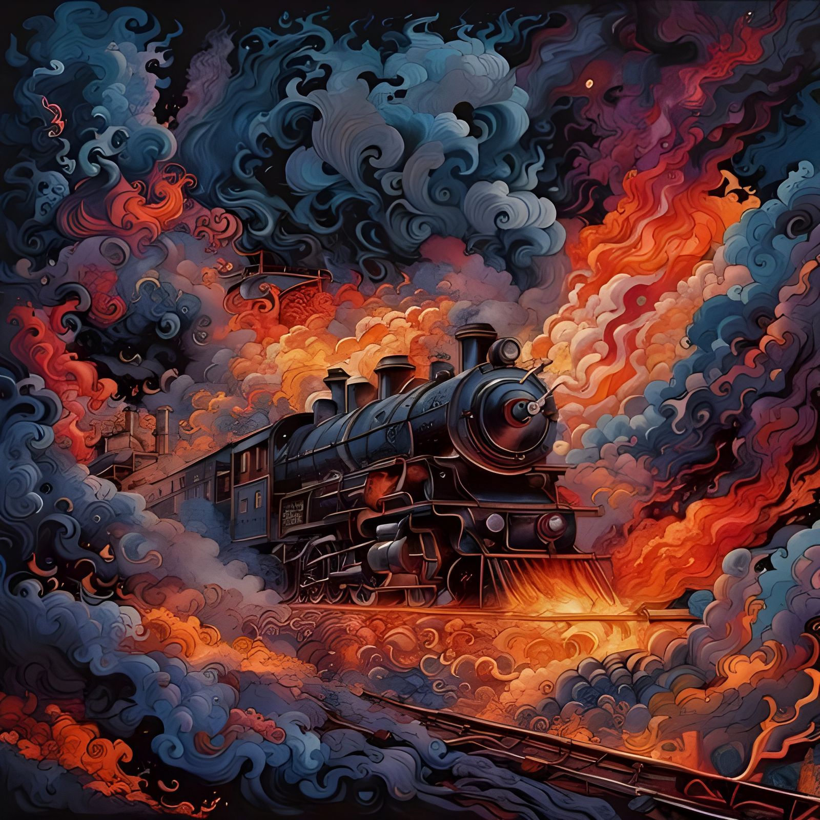Flaming Night Train in Gouache Illustration Style