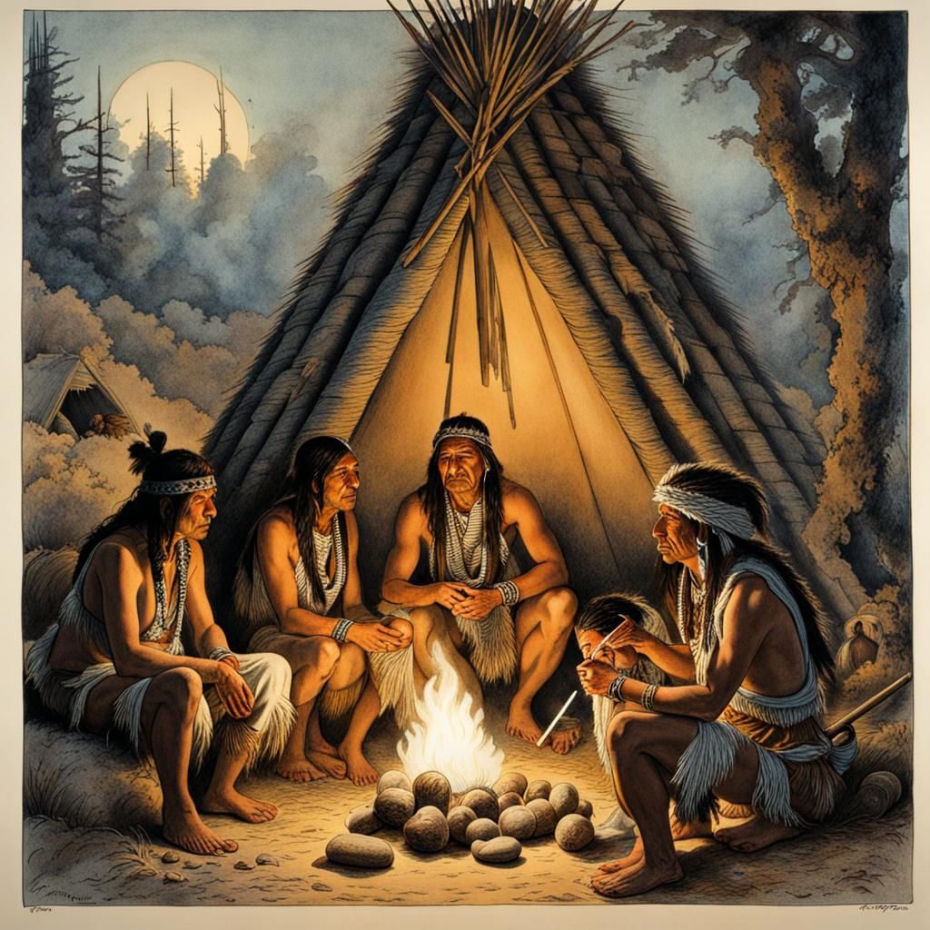 native American men and women smoking peyote in a wigwam