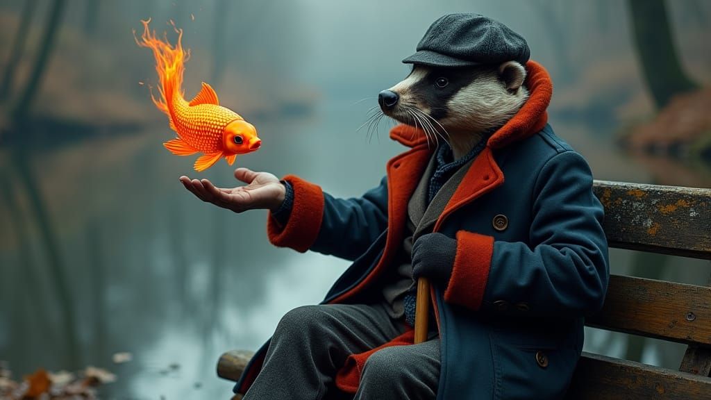 Badger Detective with Fire Fish, in Film Noir Style