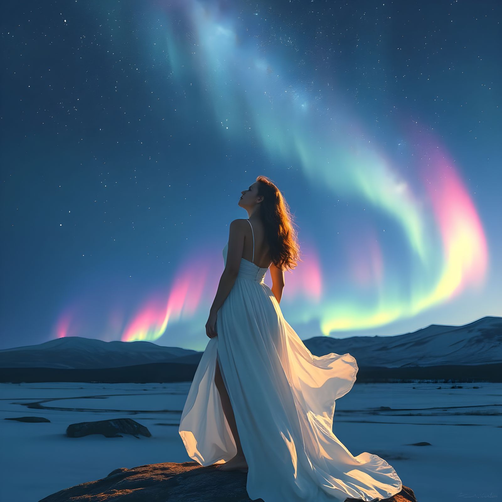 Boreal Lights: Woman Observes Starry Night Sky