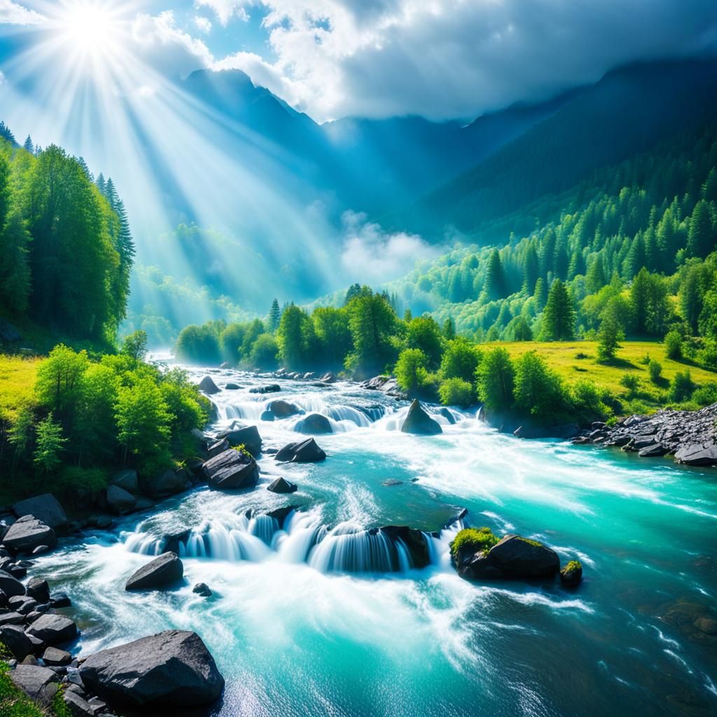 Misty Mountain River in Heavenly Sunlight