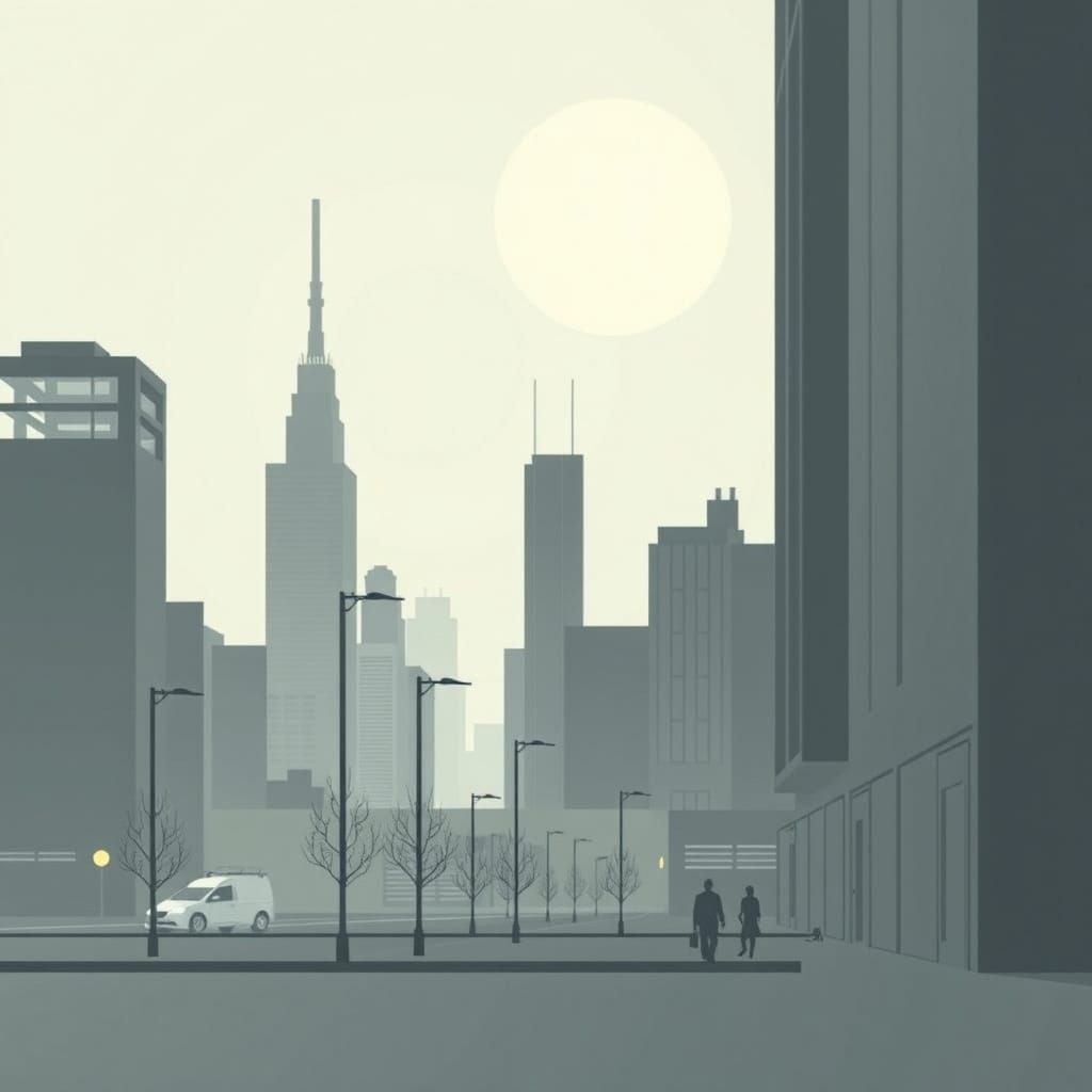 Retro Futuristic Cityscapes in Minimalist Grayscale