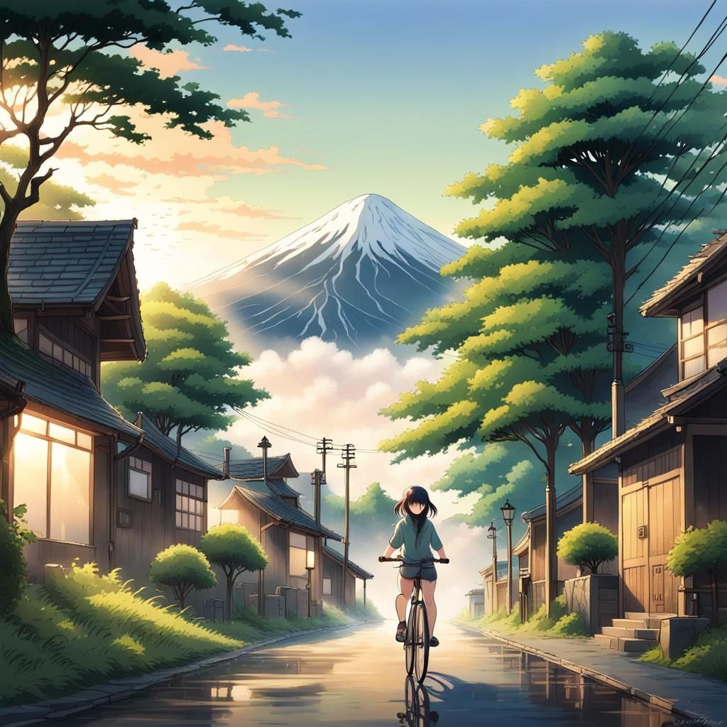 Anime Style: Girl on Bicycle, Japanese Village