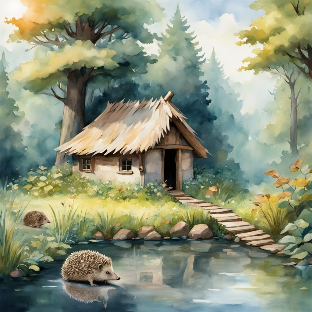 Whimsical Forest Hut with Hedgehog in Watercolor Style