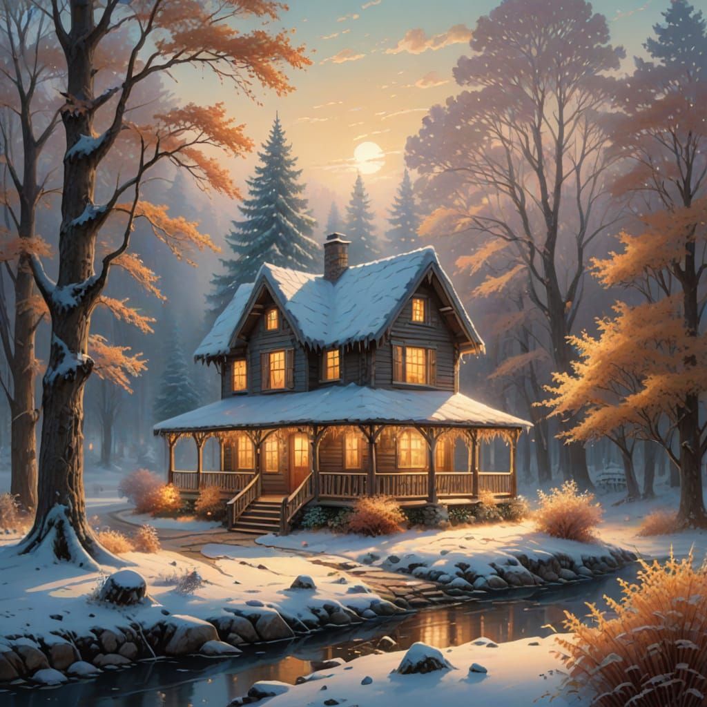 Cozy Cabin in Frosty Autumn Landscape