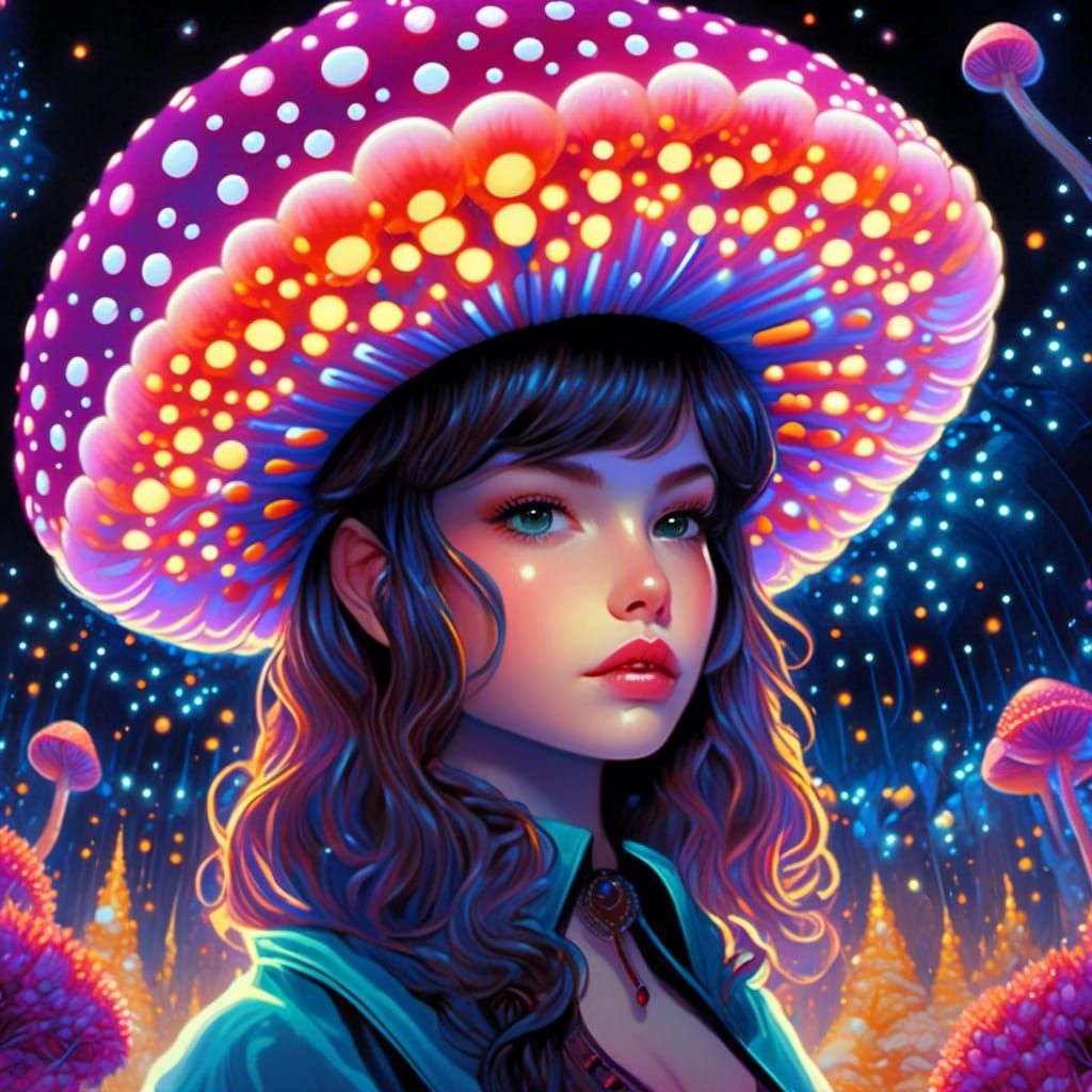 Pilgrim in Bioluminescent Mushroom Galaxy Landscape
