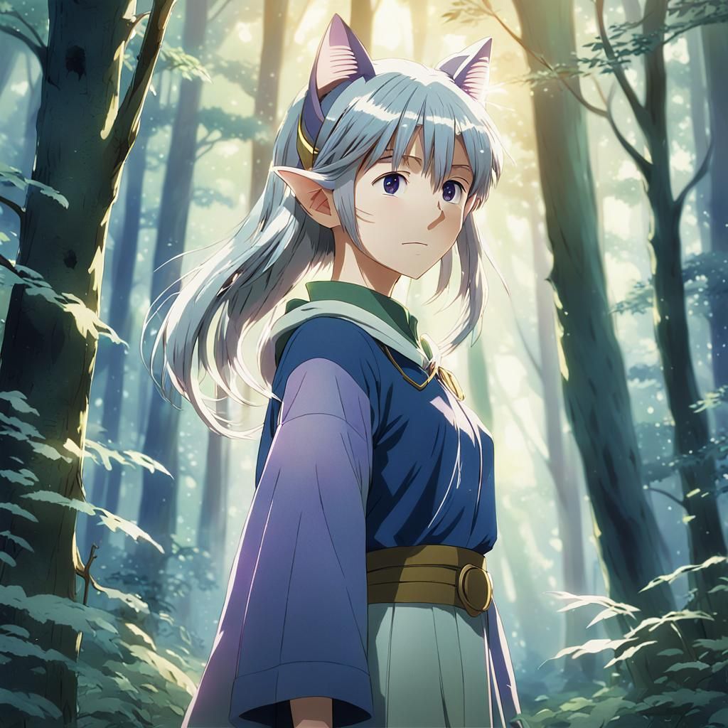 Anime Elf with Cat Ears in Watercolor Forest