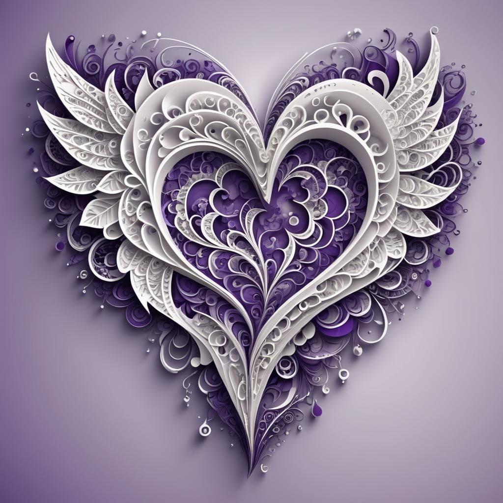 White Heart with Purple Wings in Fractal Art Style