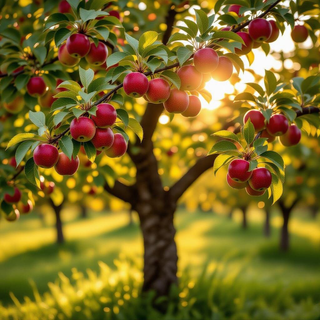 Photorealistic Apple Tree Laden with Ripe Fruit in Autumn Or...