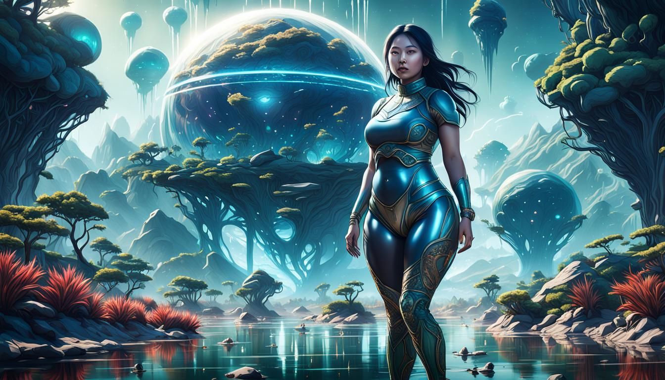 Woman Farming on Alien Planet: Detailed Matte Painting