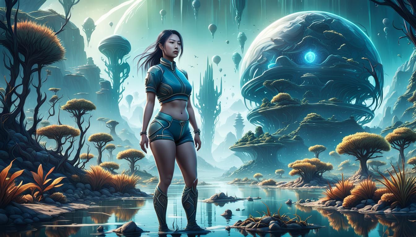 Asian Woman Farming on Alien Planet: Matte Painting
