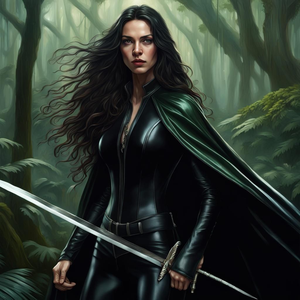 Heroic Woman in Rainforest: Hyperrealistic Dark Fantasy