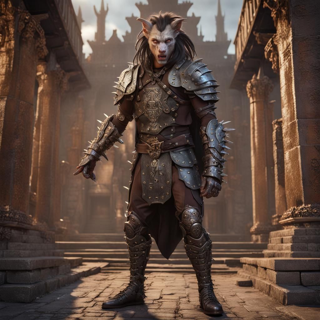 Werewolf Medusa Hybrid Warrior Outside Medieval Temple