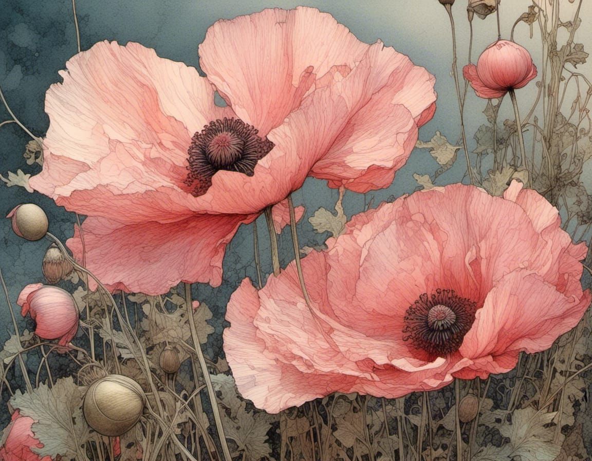 Poppies in Pink Light: Detailed Illustration