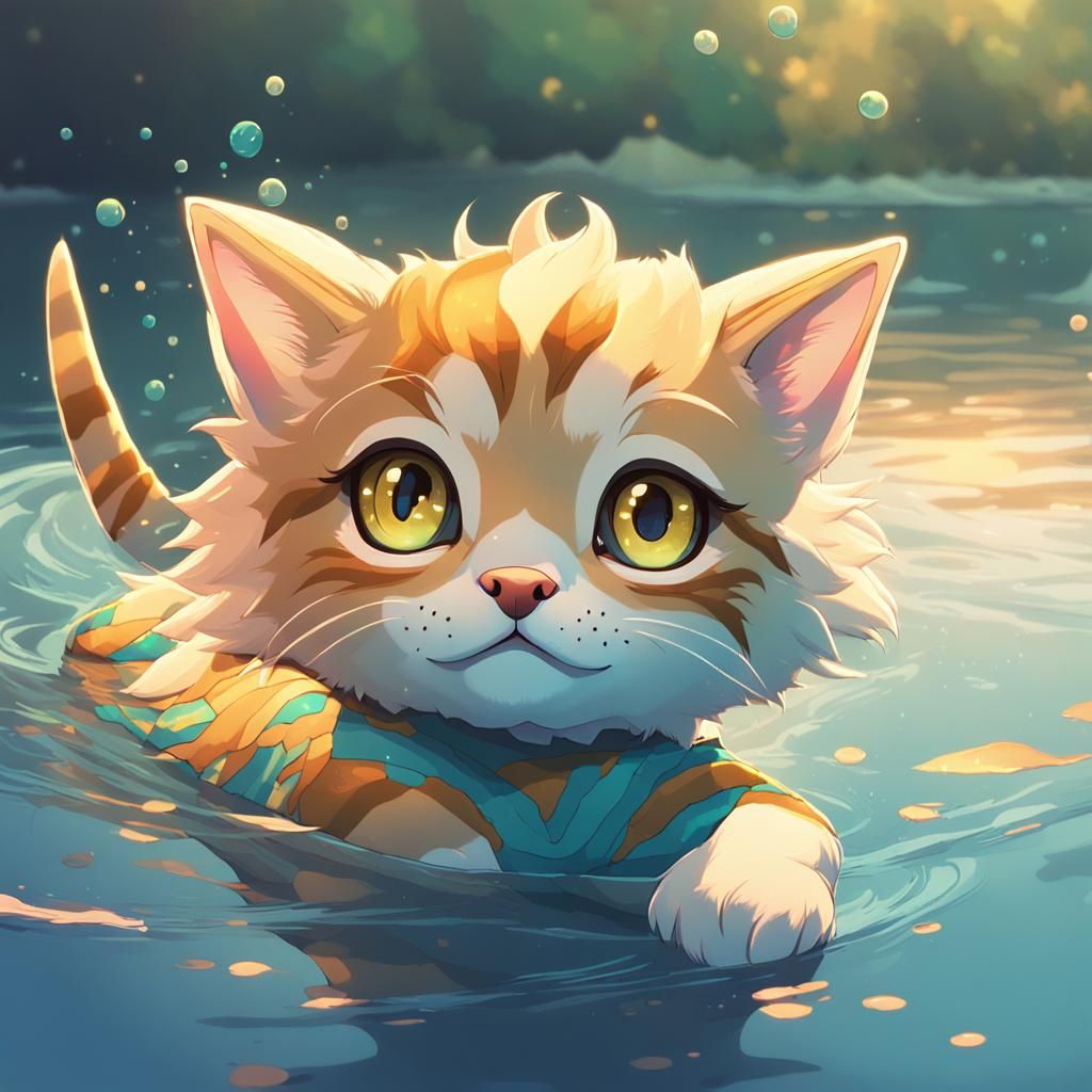 Cute Kitten-Shark Hybrid Swims in Serene River Scene