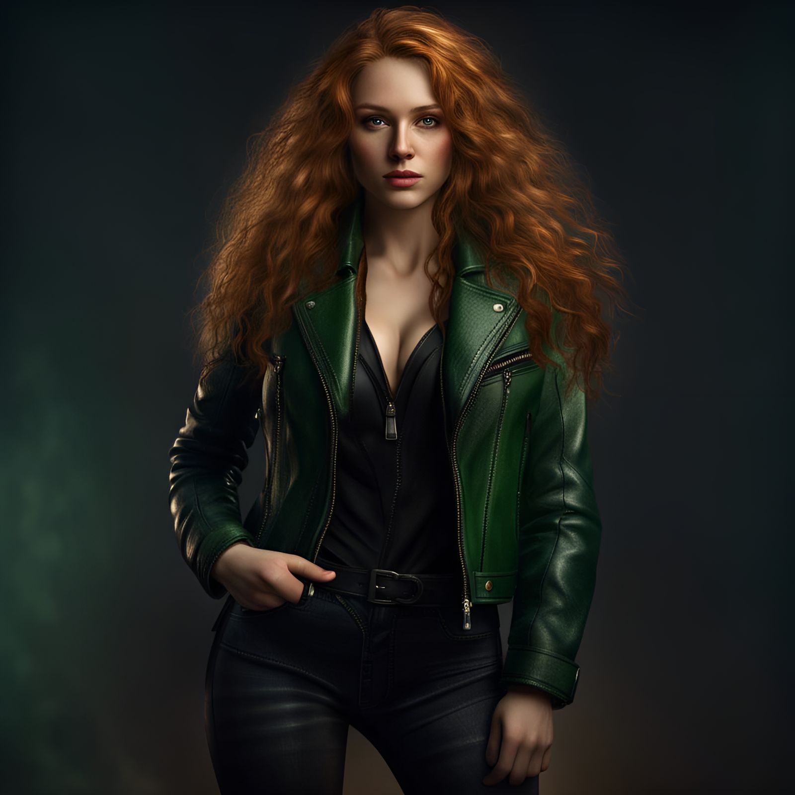 Beautiful Woman in Leather Jacket, Realistic Photo
