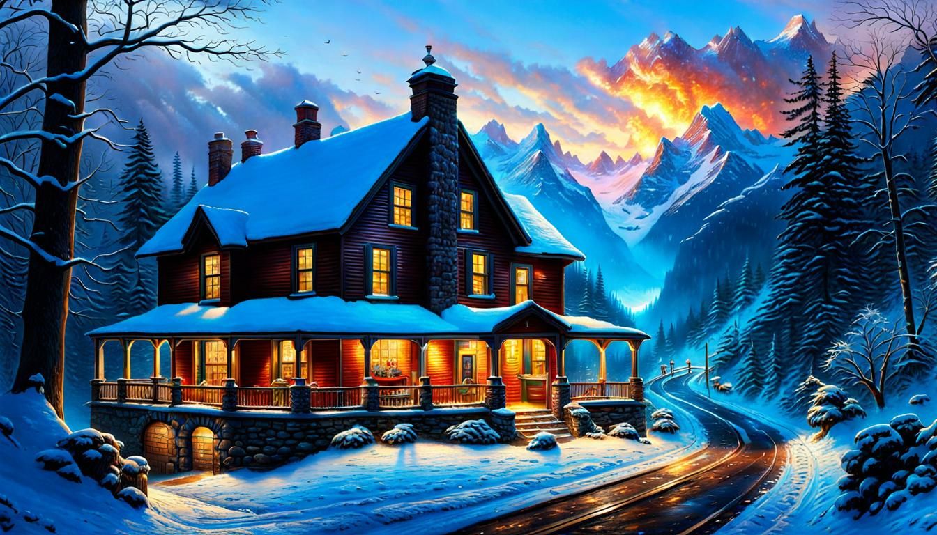 Dog in Snowy Mountains: Idyllic Mixed Media Scene