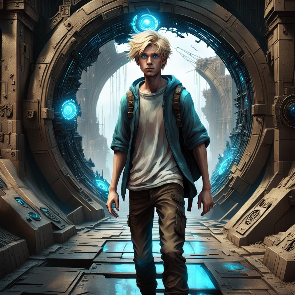 Teenage Boy Enters Portal in Dystopian Dark Fantasy