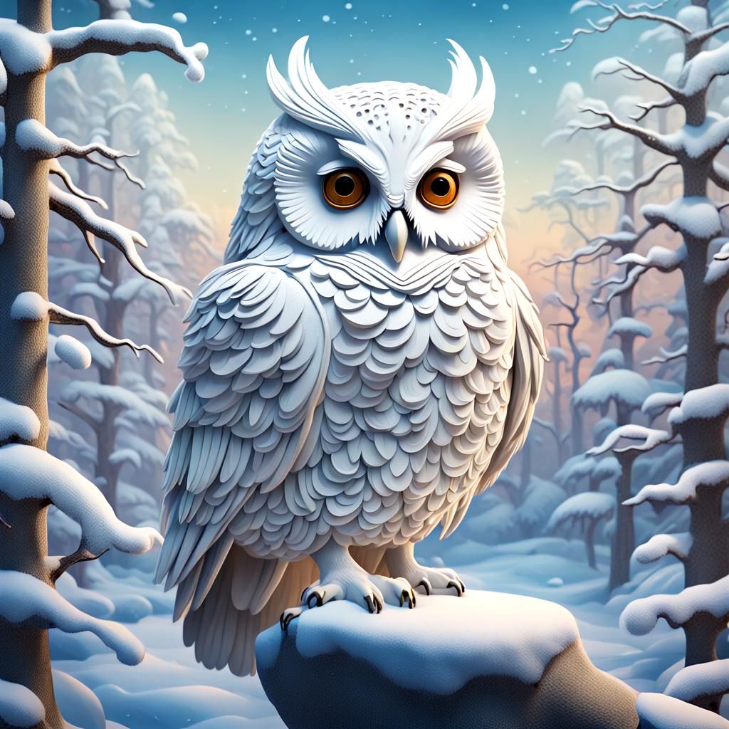 Hyperrealistic 3D White Owl in Snow