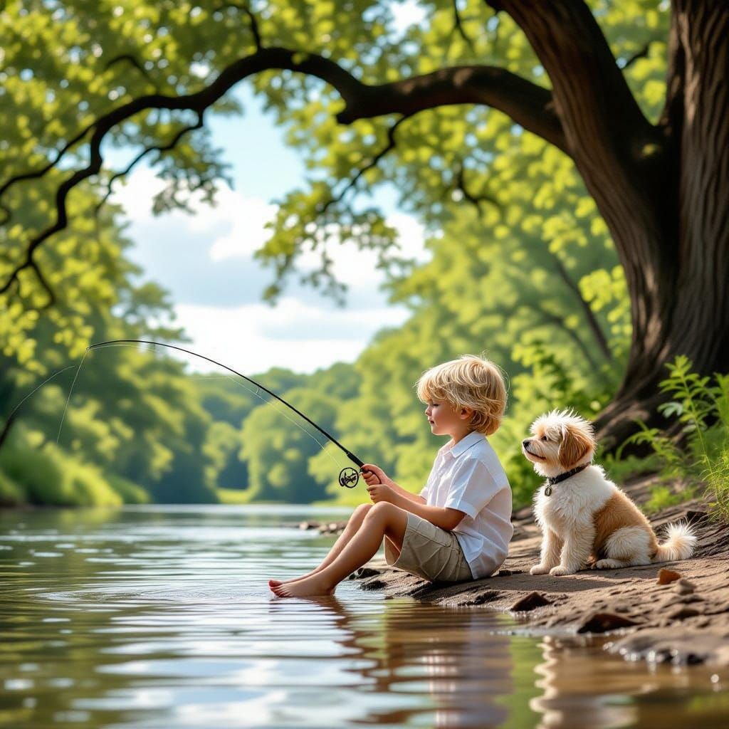 Boy's Serene Moment by Creek Under Ancient Oak
