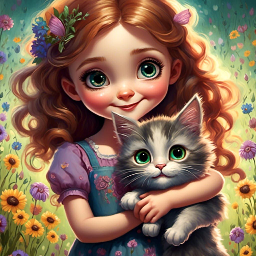 Girl with Cat in Meadow, 3D Digital Art