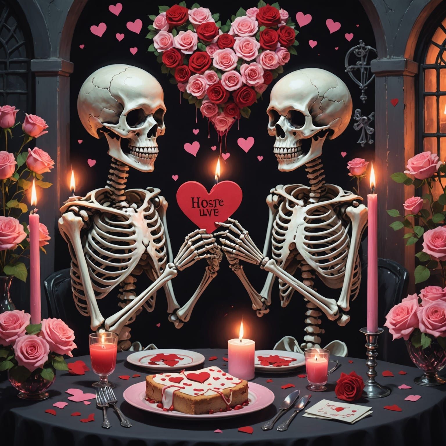 Skeleton Couple's Romantic Dinner Amidst Roses