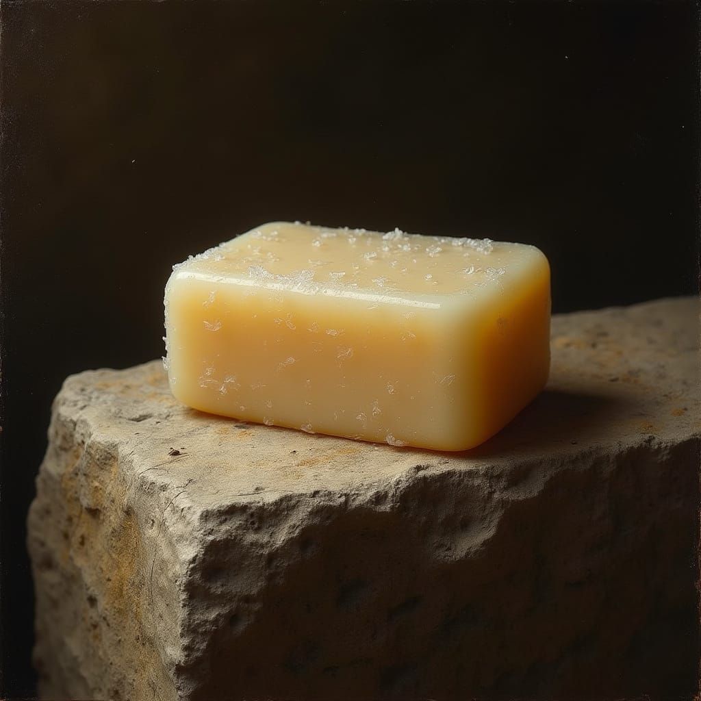 Medieval Shampoo Bar on Stone Bath, Oil Painting Style