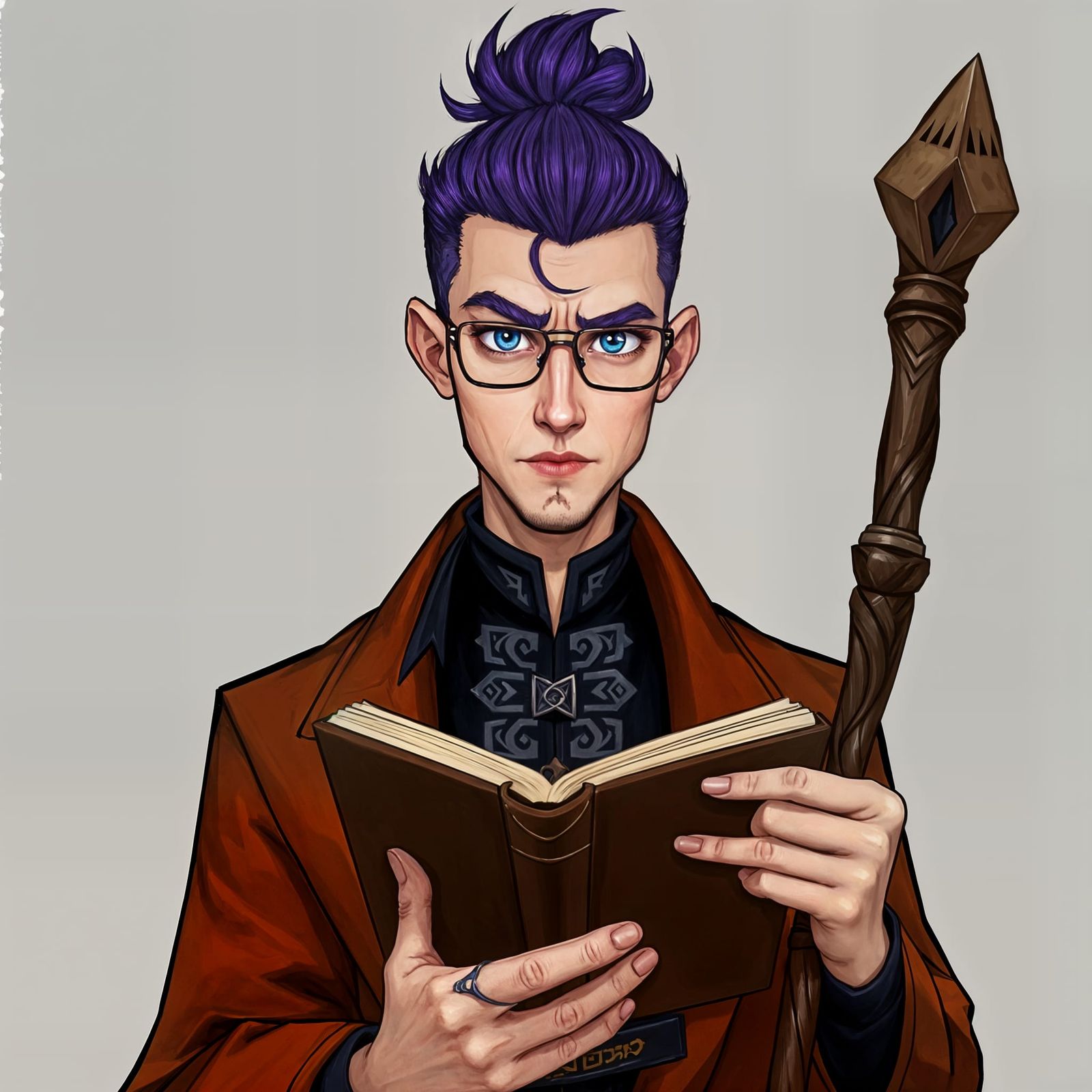 Serious Wizard in Rust Colored Coat with Purple Top Knot