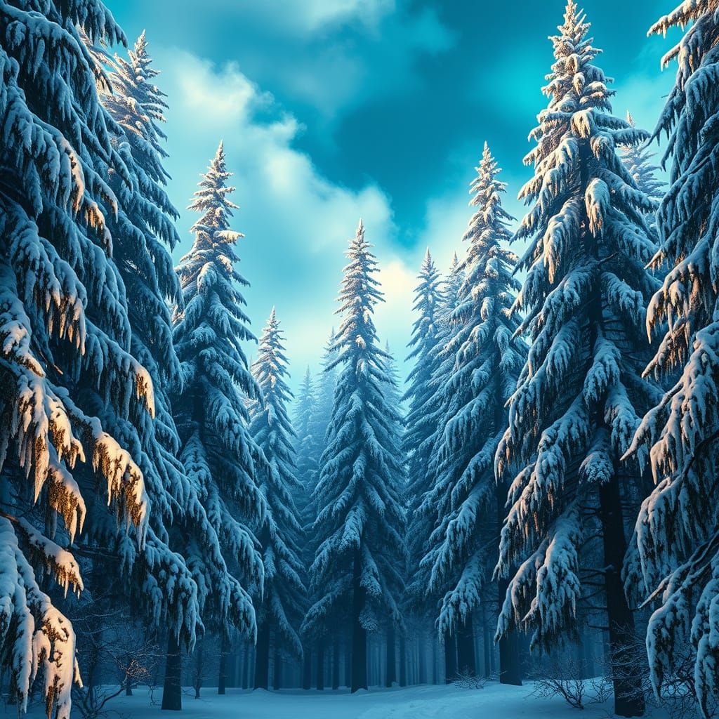 Mystical Snowy Forest Cathedral in Blue and Green