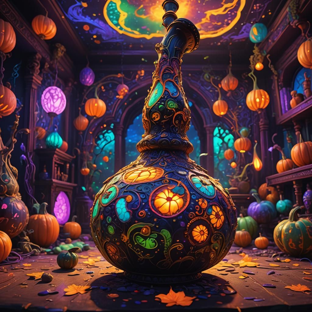 Psychedelic Gourd Bong Under Blacklights: Fantasy Concept Ar...