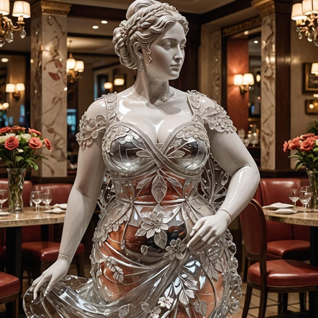Transparent Glass Statue of a Curvy Woman in Restaurant