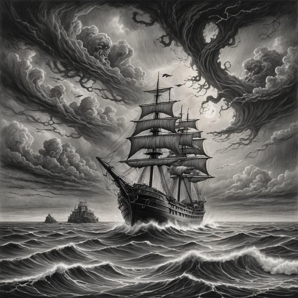Lonely Ship on Stormy Ocean: Charcoal Drawing