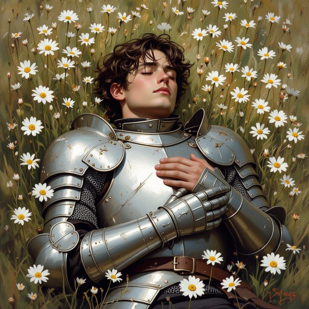 Knight Resting in Daisy Field: Realistic Oil Painting