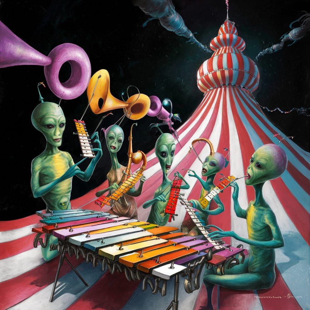 Surreal Funfair Scene with Alien Xylophone Orchestra