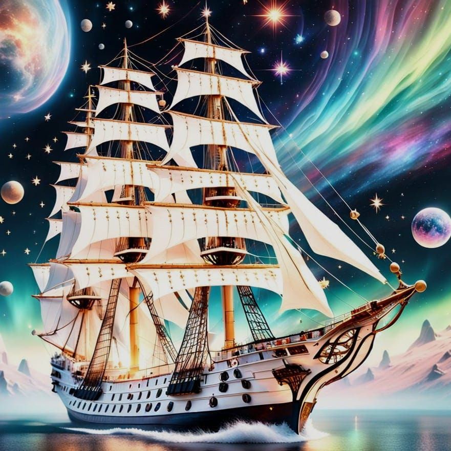 Ornate Ship Sailing in Outer Space