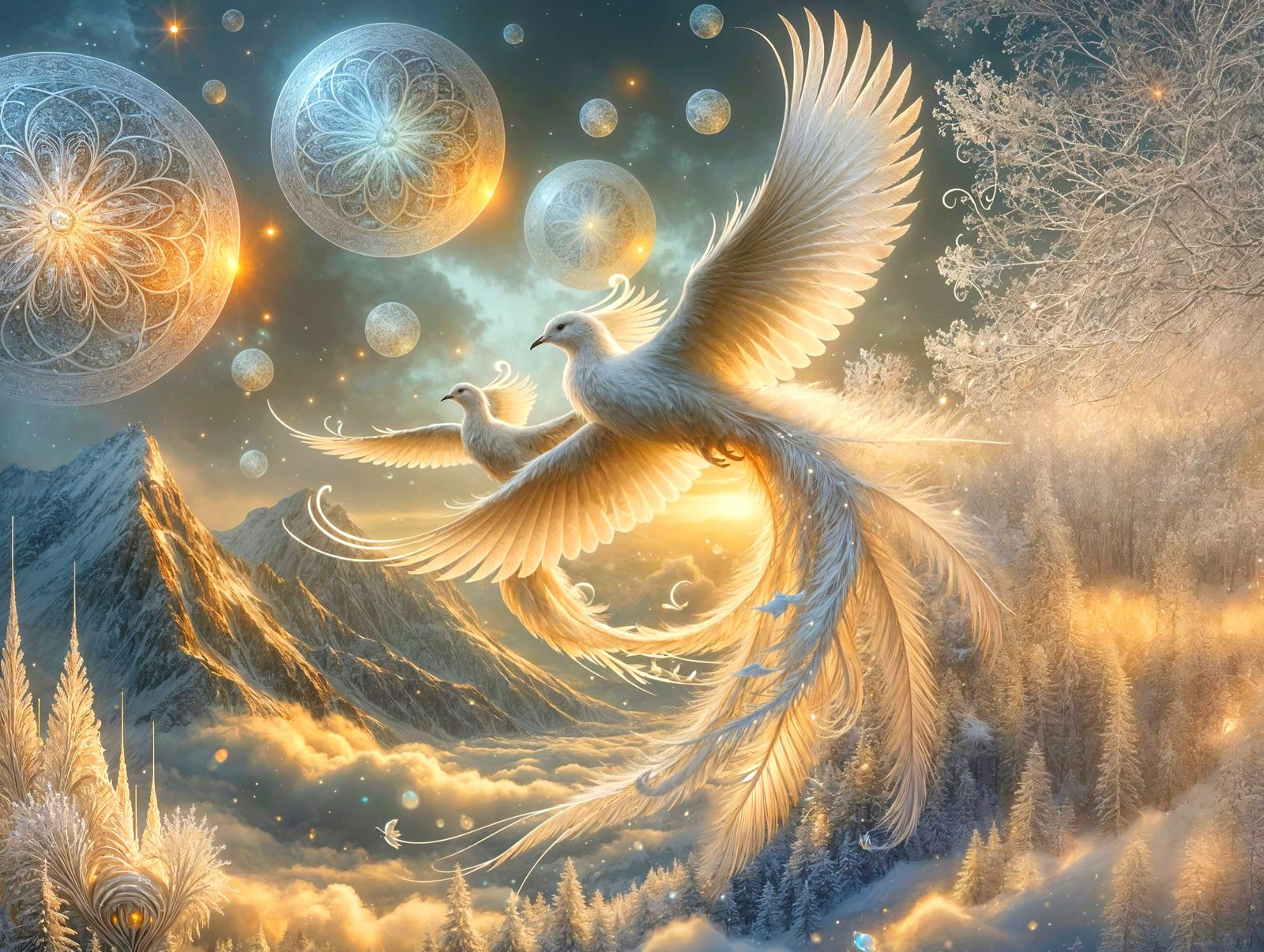 Birds of Paradise Soar Over Snowy Peaks with Rainbow Sparkle...