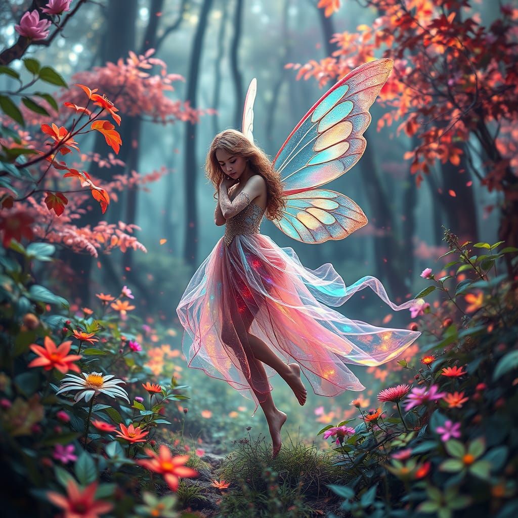 Captivating Fairy in Whimsical Forest: Abstract Data Moshing