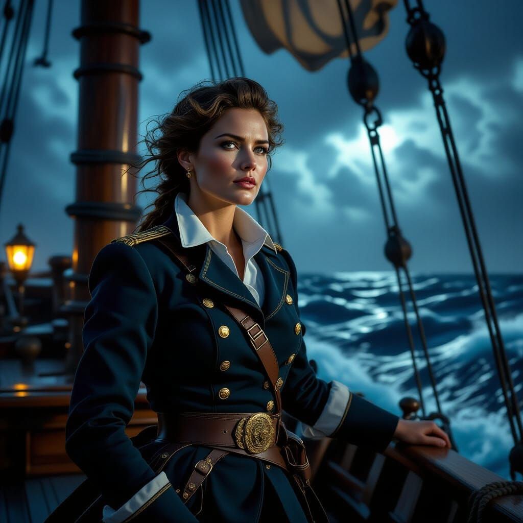 Stoic Sailor Woman on Galleon in Starry Tempest