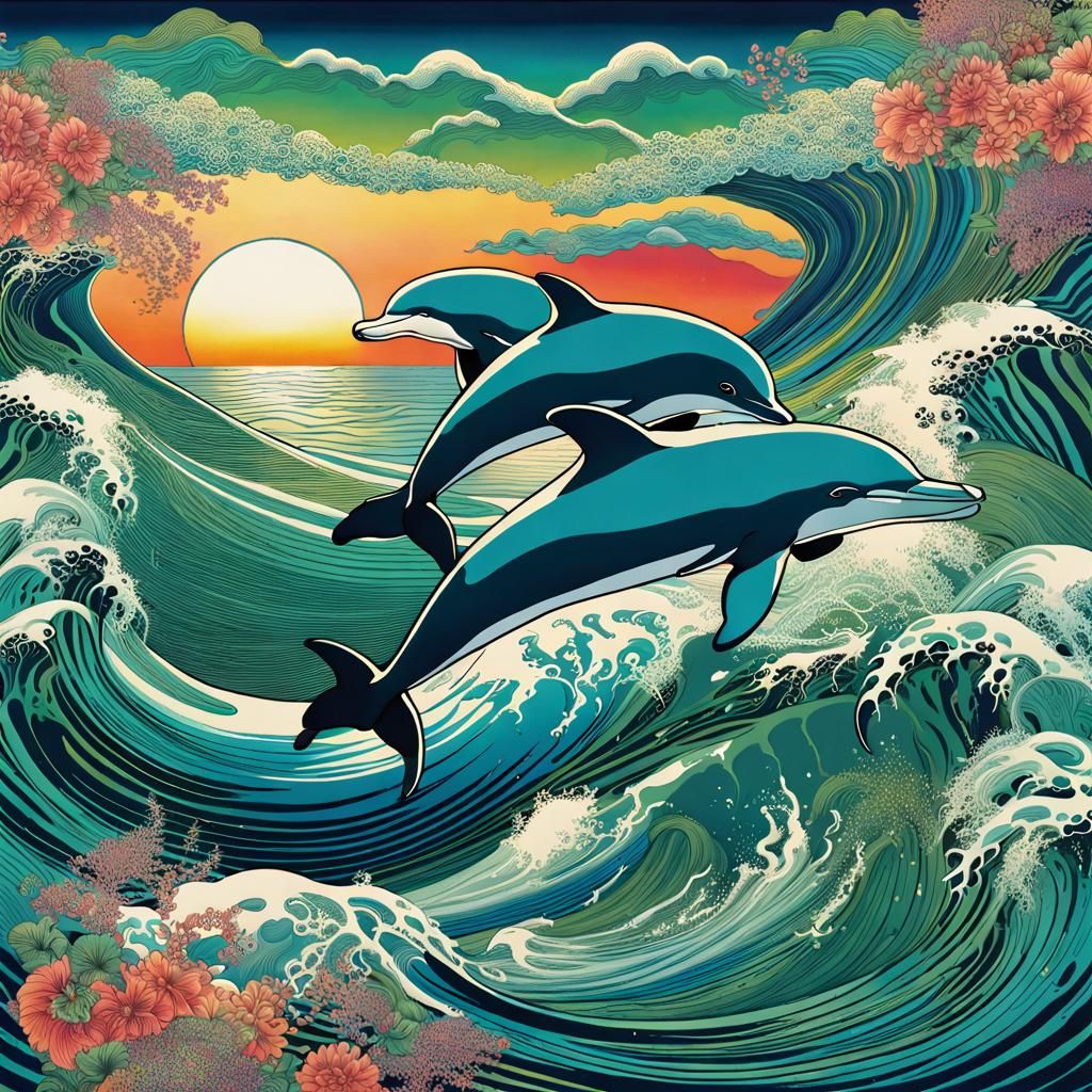 Ukiyo-e Dolphins: Ocean Waves Transformation