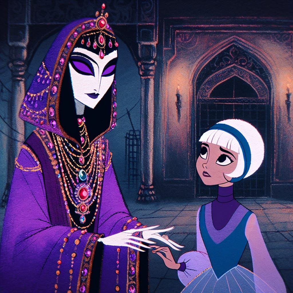 Vintage Animated Sorceress Tenderly Touches the Face of a Ne...