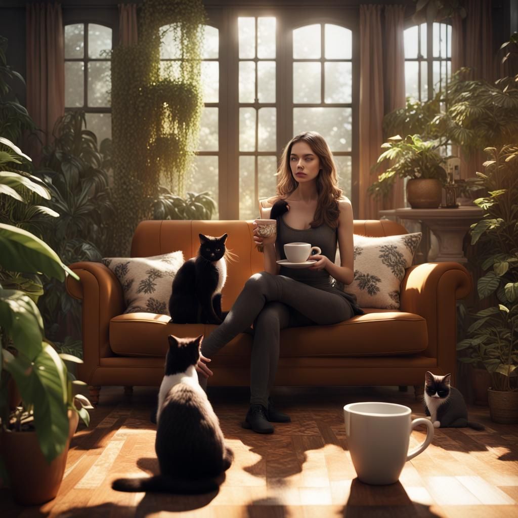 Woman with Cats and Coffee: Detailed Matte Painting