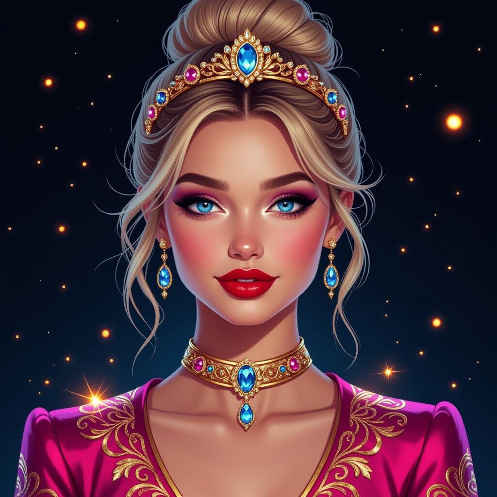 Woman with Jeweled Headdress in Digital Art Style
