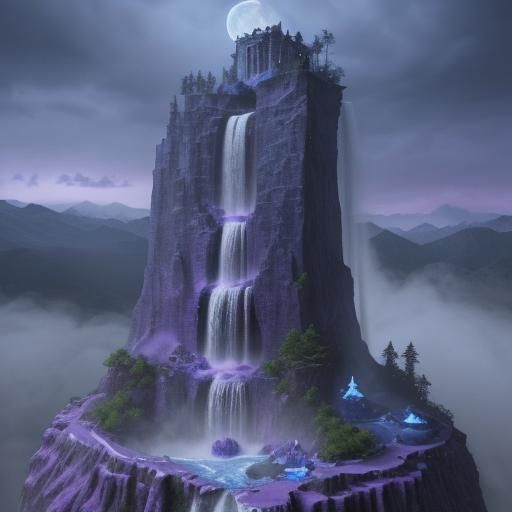 a waterfall on a blue and purple cake with a moon on it in frosting