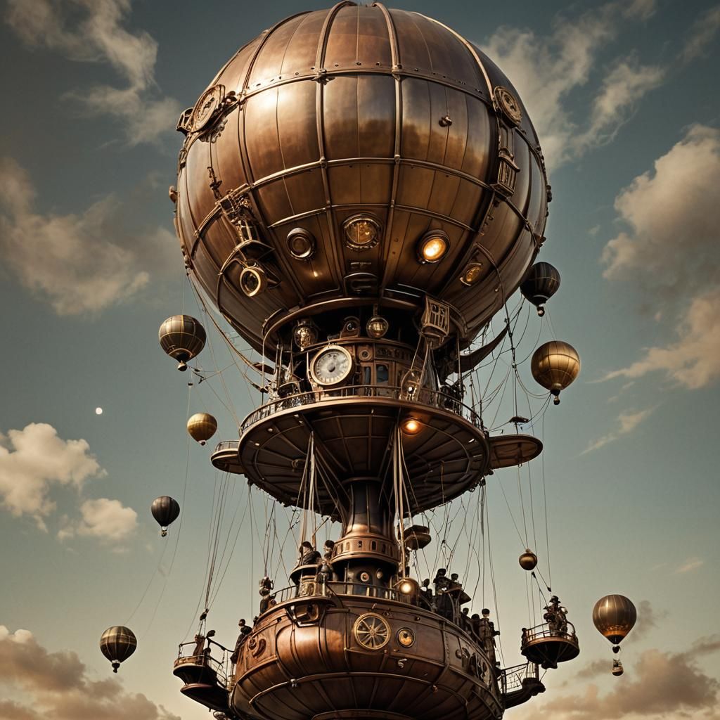 Steampunk Airship Suspended from Hot Air Balloon